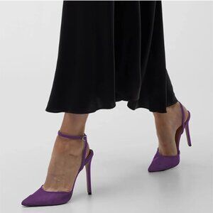YDN Purple Mesh Pointed Toe Pumps Backless Ankle Strap Stiletto Heels Dance Shoe